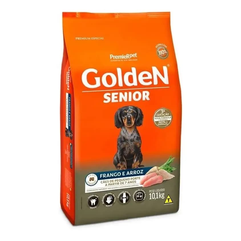 Ração Golden Cão Sênior de raça pequena sabor frango e arroz de 10.1 kg