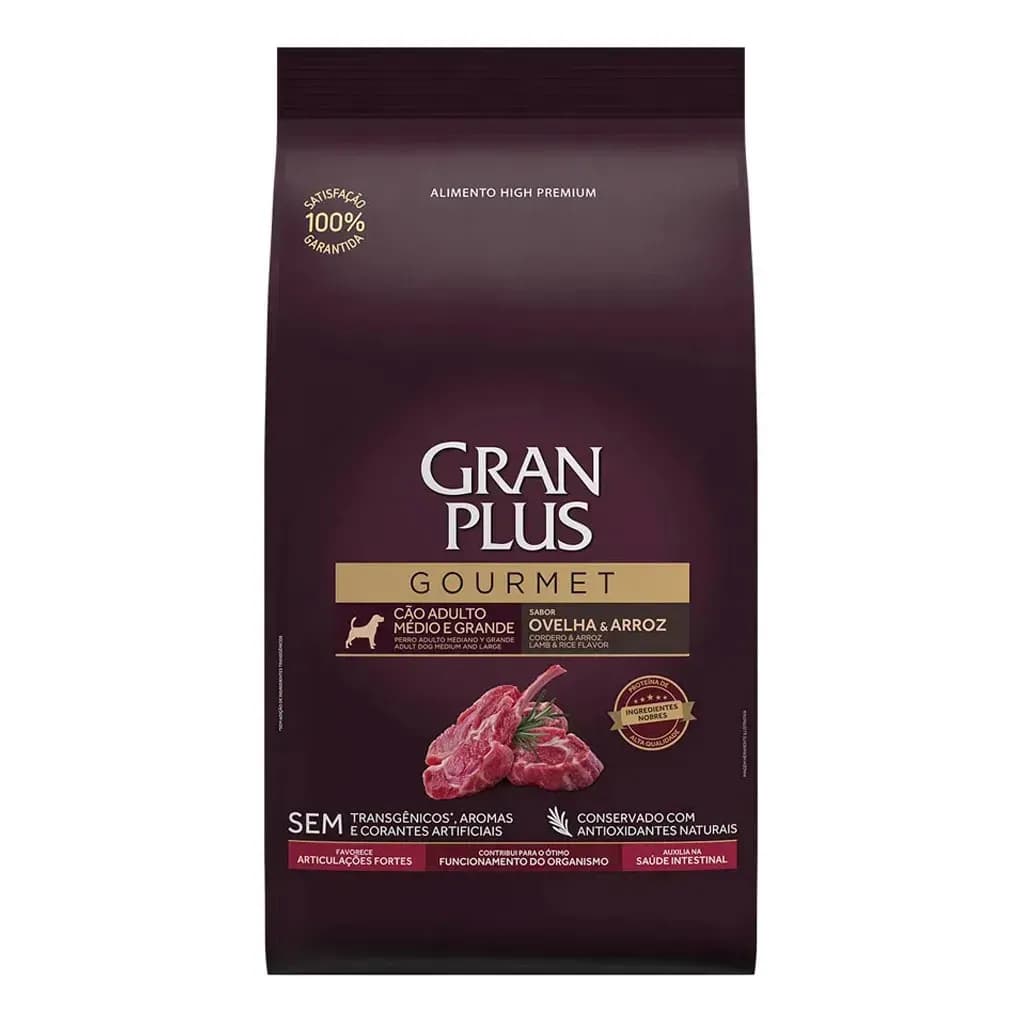 Gran Plus Gourmet Alimento para cão adulto de raça média e grande sabor ovelha e arroz em sacola de 15kg