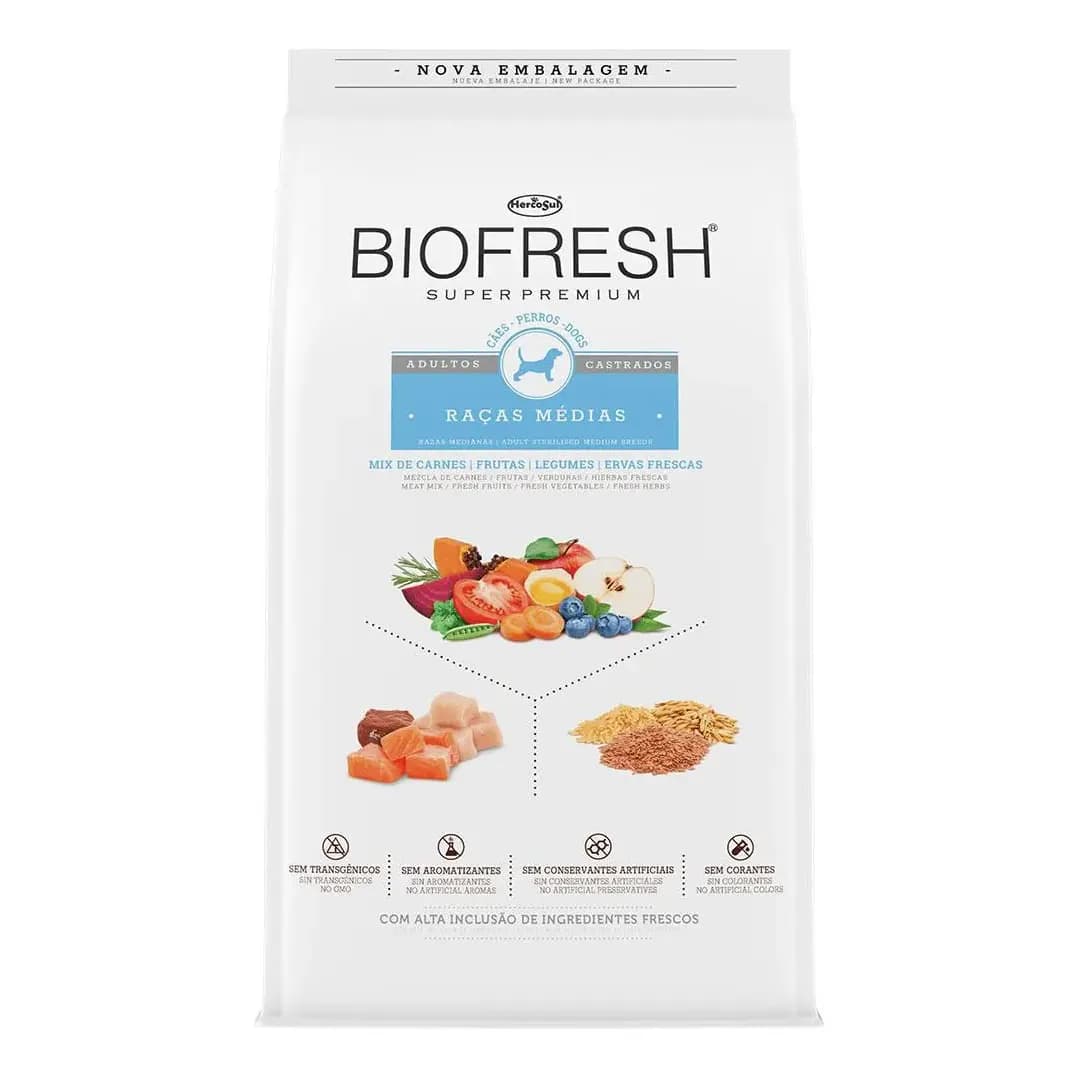 Ração Seca Cães Castrados Médios Mix Carnes Frutas Ervas 10kg Biofresh