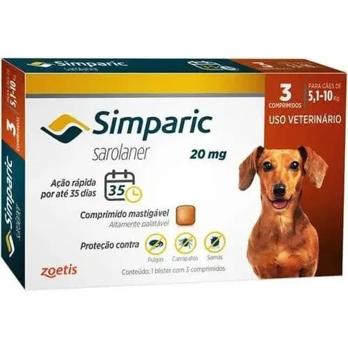 Simparic Zoetis Antipulgas Carrapatos Sarnas Cães 5,1 A 10kg 3 Comprimidos