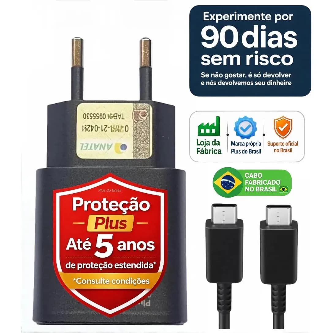 Plus Do Brasil Carregador Turbo Para Samsung Galaxy S25 S24 S23 S22 S21 S20 Fe Ultra Motorola M22 M31 M32 M62 M63 M64 G15 Xiaomi Redmi Note 12 13 14 15 - Cabo Blindado Tipo Usb C