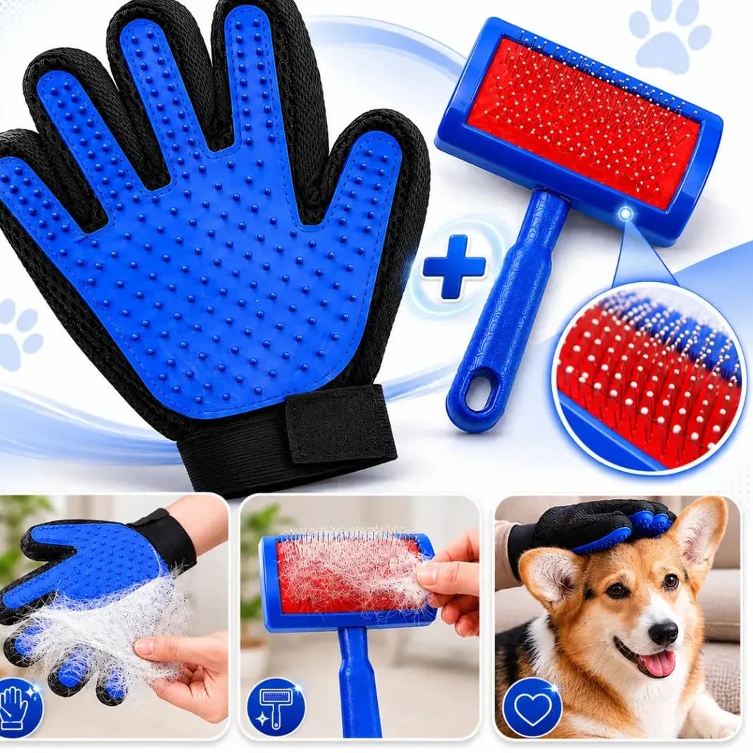 Kit Escova Rasqueadeira Pet + Luva Removedora de Pelos de Cachorro e Gato Tira Pelos Mortos Pelo Longo e Curto Boa Dica