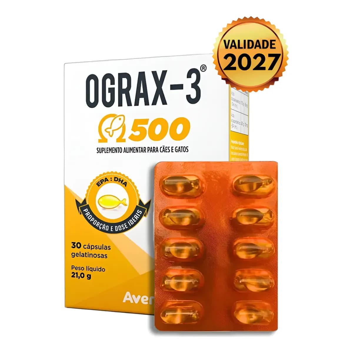 Ograx-3 500 Suplemeto Omega Cães Gatos Cartela Avulsa 30 Cáp
