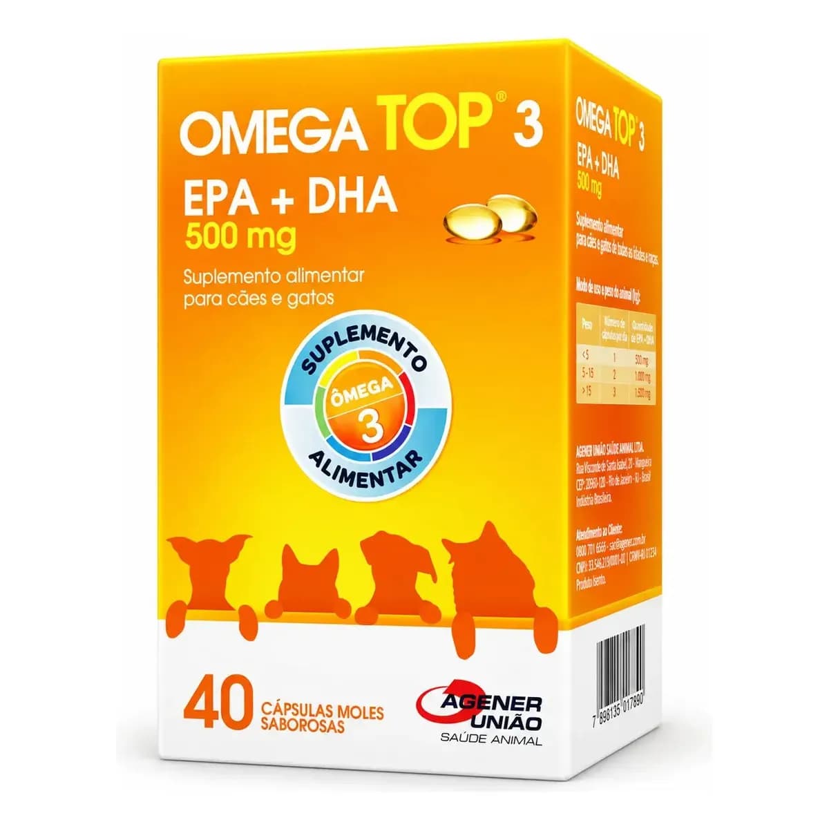 Omega Top 3 C/ 40 Cáp. Moles Saborosas 500mg P/ Cães E Gatos