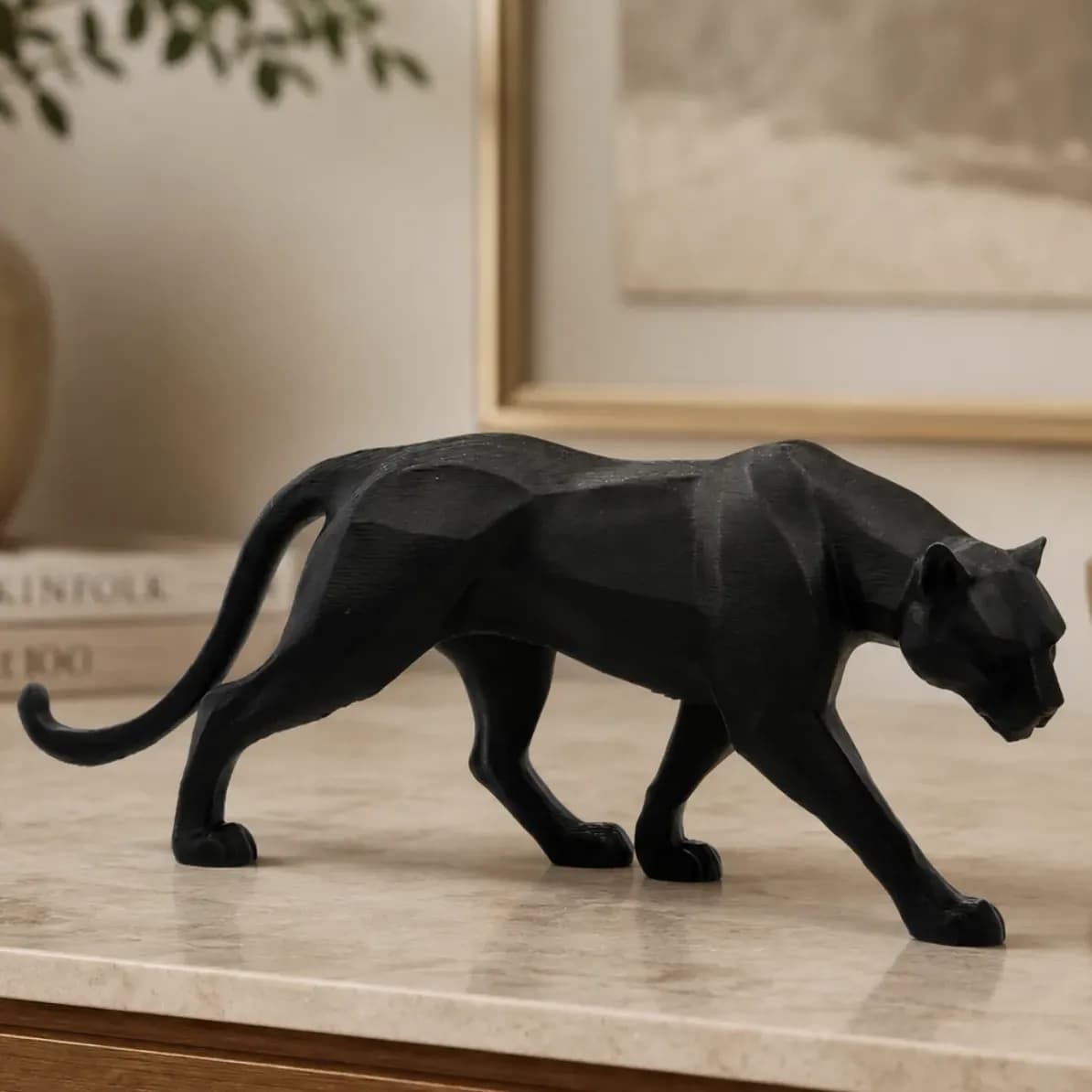 Escultura Pantera Geométrica Decorativa Para Sala Mesa Preto