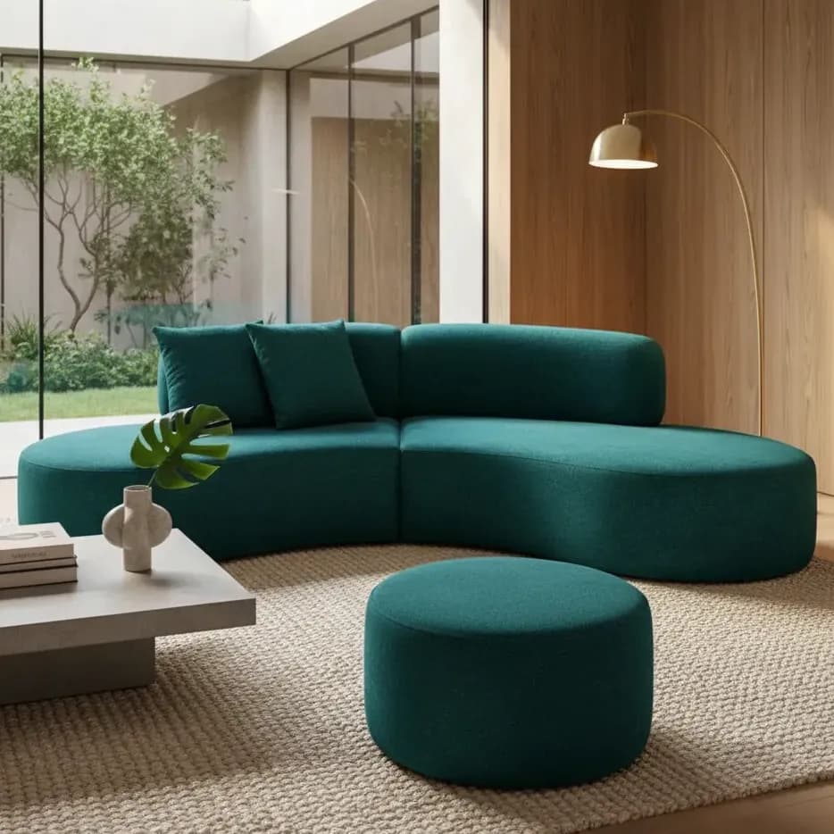 Sofá Curvo Ruby 3m + Puff Redondo Design Orgânico Suede Verde-escuro Suede