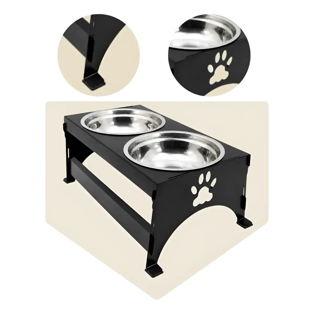 Comedouro Elevado Duplo Aço E Inox Cães Antiderrapante Preto
