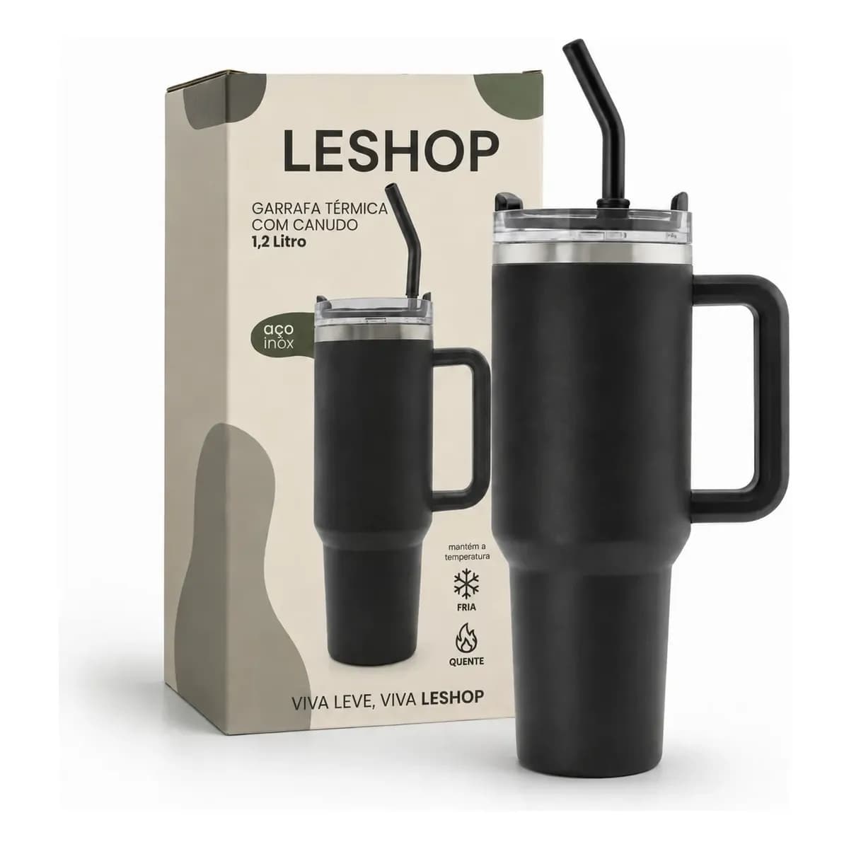 Copo Térmico 1,2l Inoxidável Tampa Canudo Inox Rosa - Leshop Preto Liso
