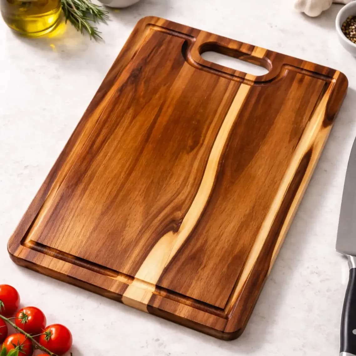 Tábua Churrasco Cozinha Corte Carne Grande 35x28 Madeira Teca com Alça Canaleta Lisa Marrom Brasa Store