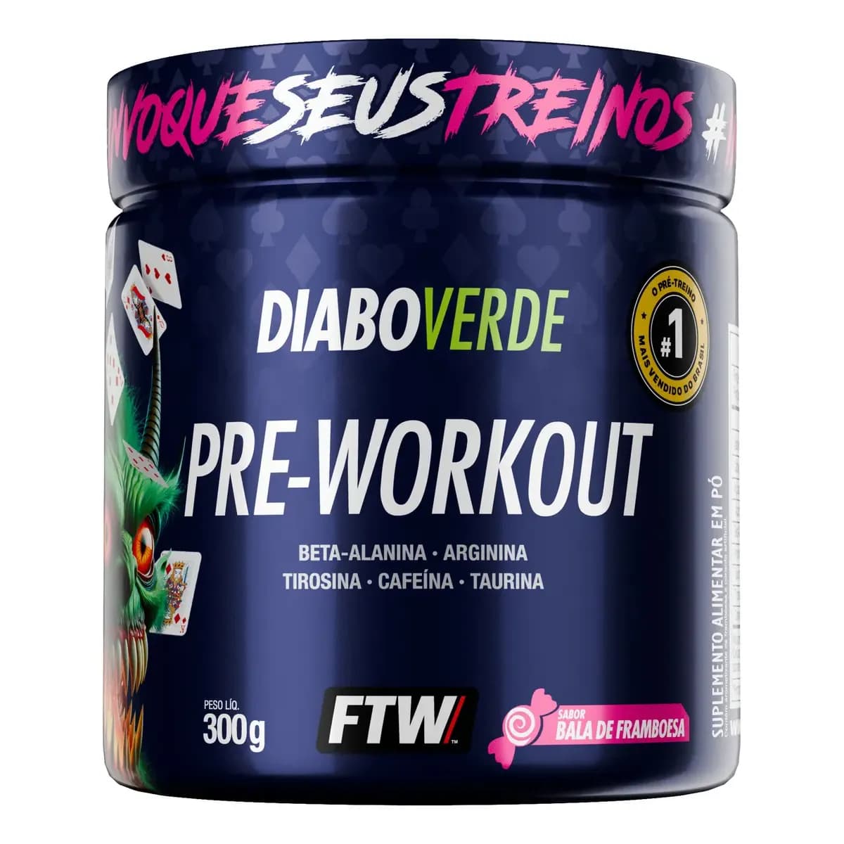 Pré Treino Pre Workout DIABO VERDE Pote 300g Sabor Bala De Framboesa Ftw
