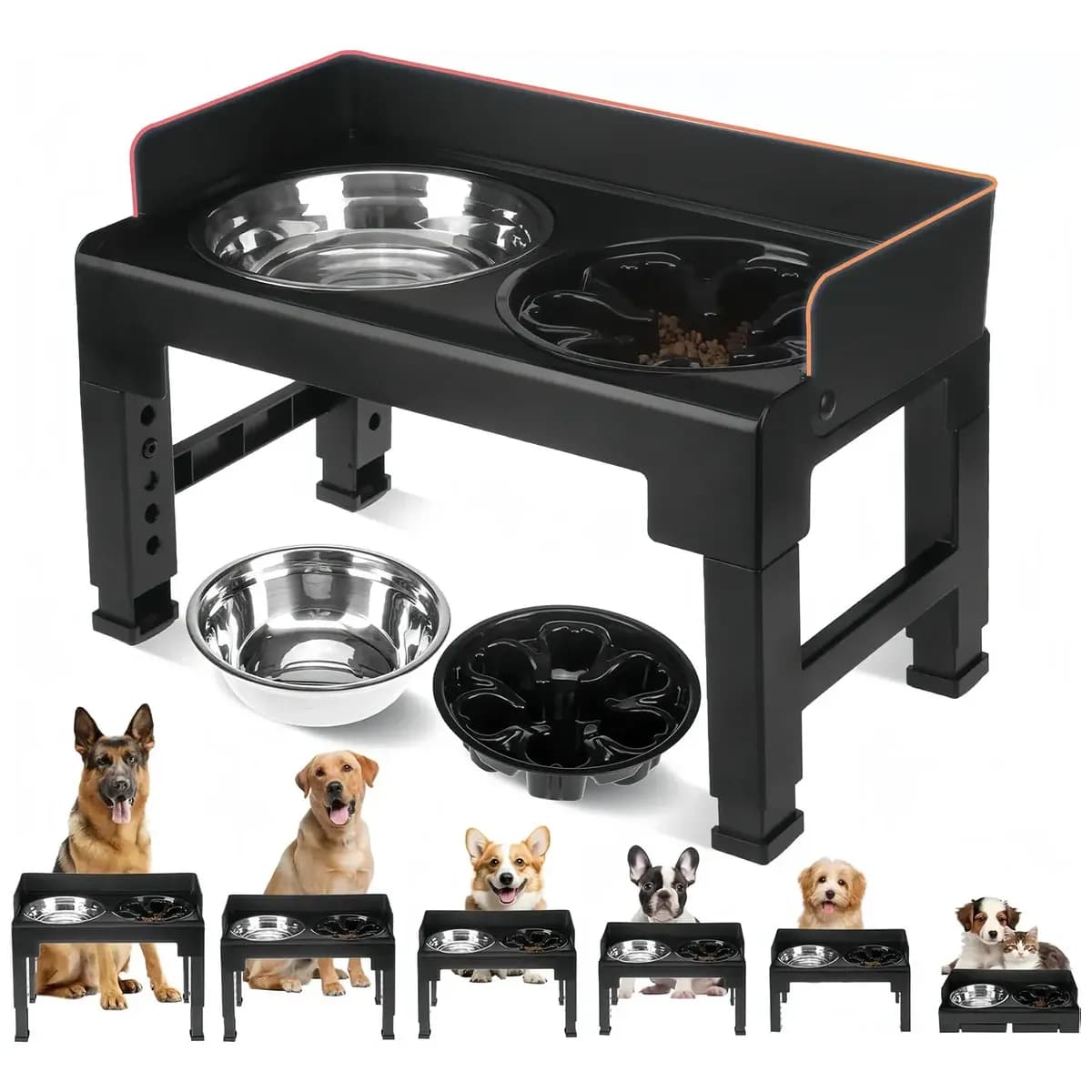 Comedouro Bebedouro Elevado Cães Regulável Dobrável Preto Preto