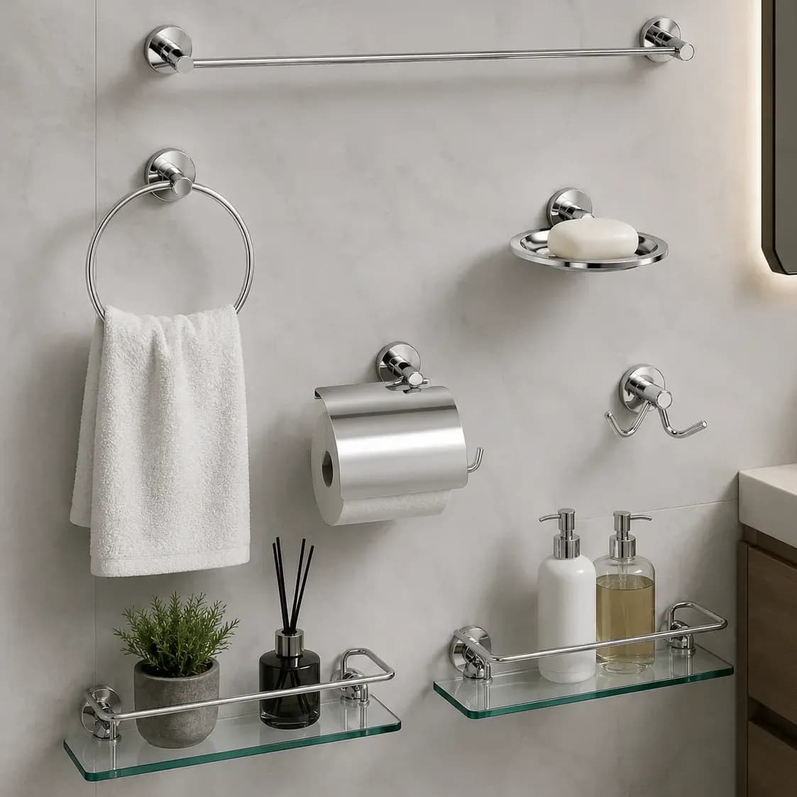Kit Acessórios De Banheiro Lavabo Inox Suporte Shampoo Box Prateado