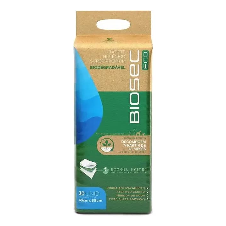 Tapete Higiênico Biodegrável Biosec Eco 60x55cm 30 Unidades Sustentável Ecológico