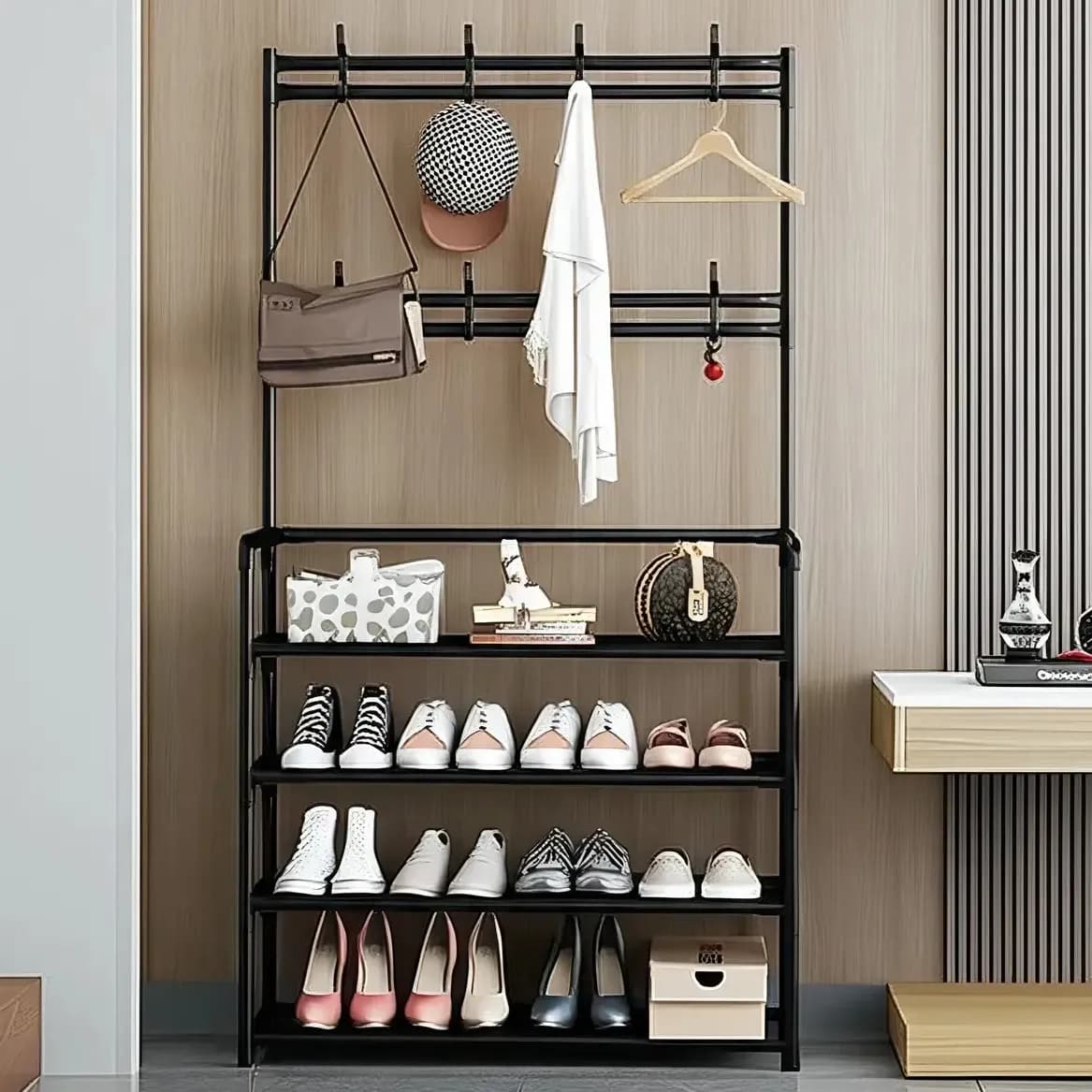 Vittak Sapateira Organizador Vertical Cabideiro Roupa Prateleiras Sapatos Bolsa Multiuso Cor Preto