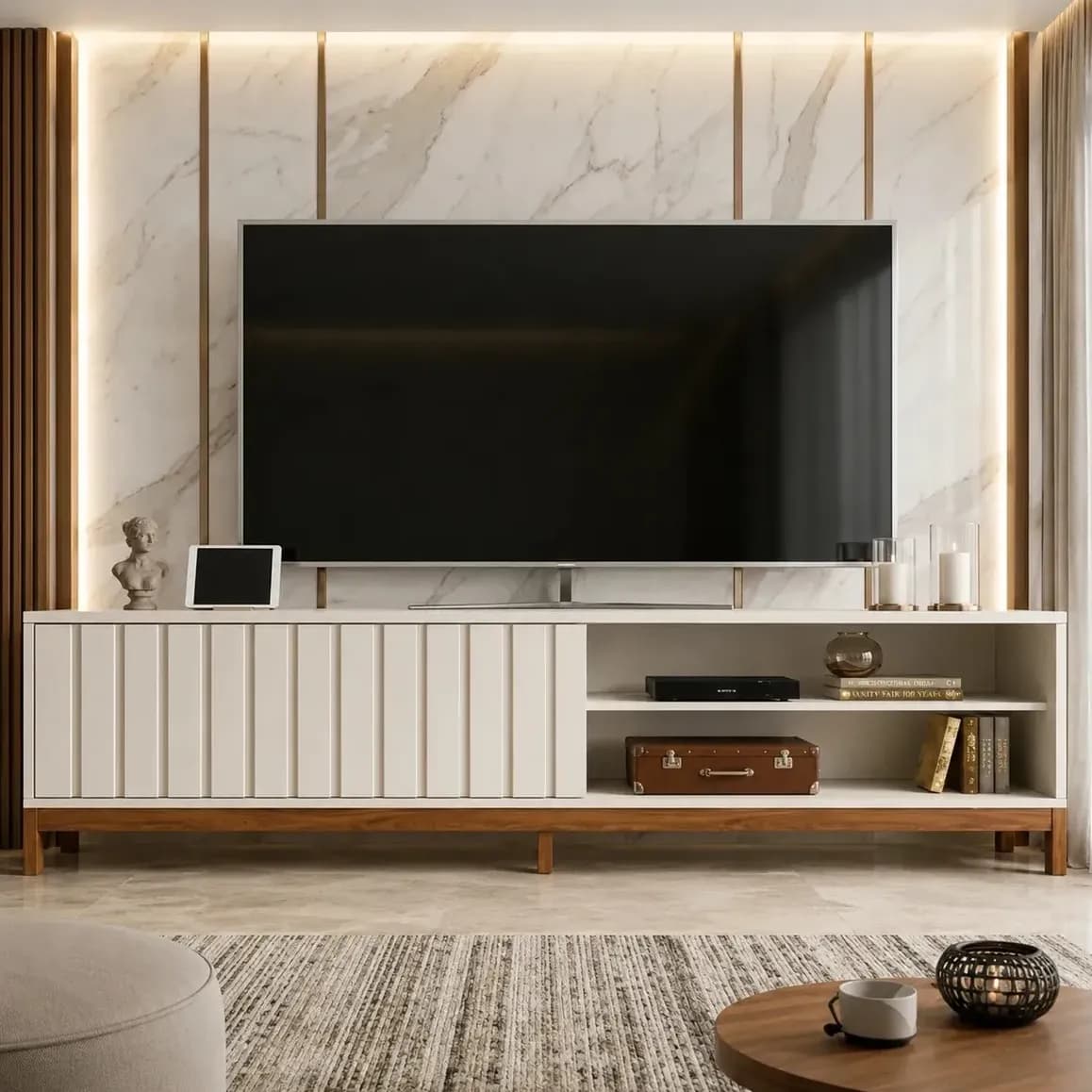 Rack Bancada Para Tv Até 75 Aurora 1.8 Mobler 1 Porta Com Pés Design Sala Moderna Cor Pérola Metalizado/cinamomo Mel