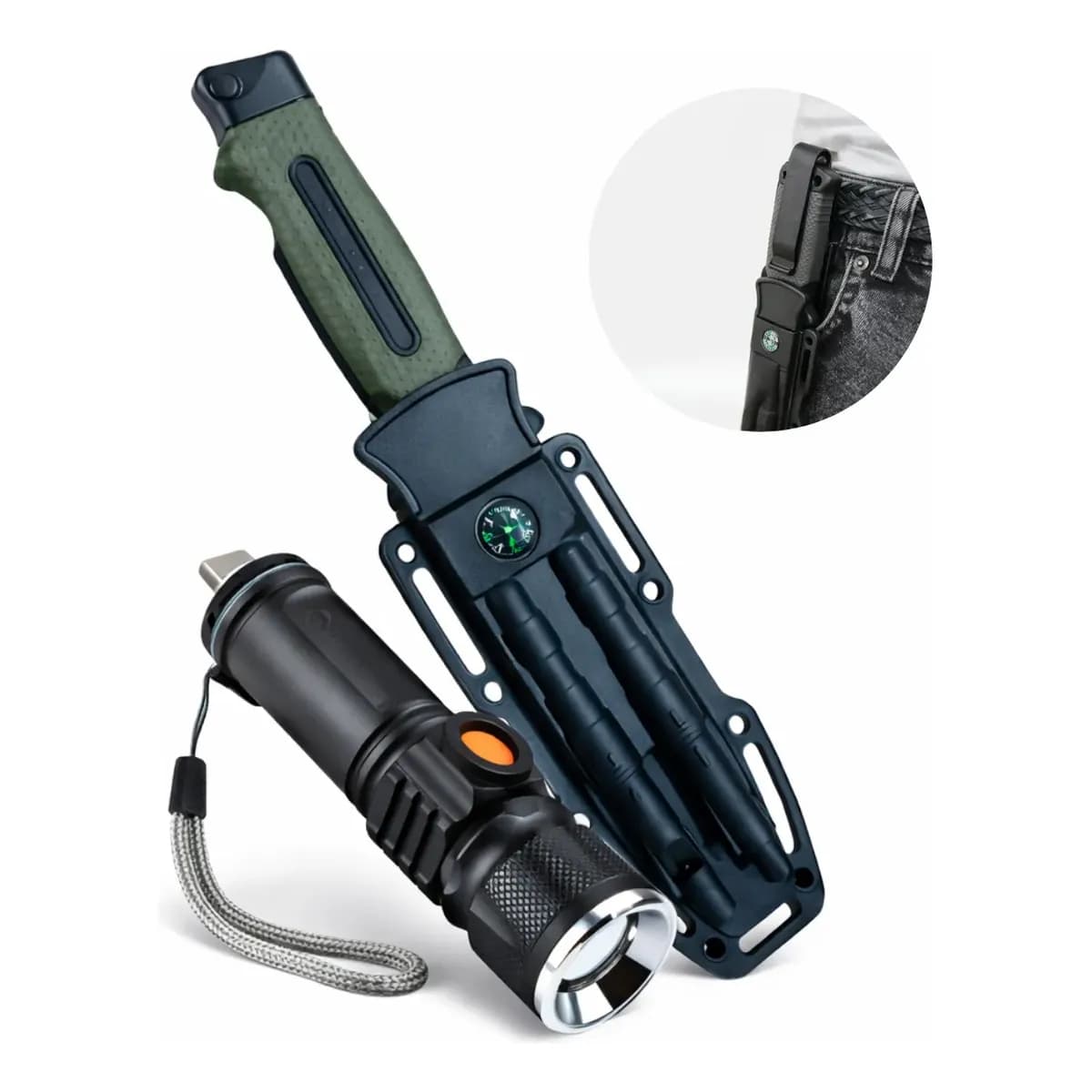 Kit Sobrevivência Faca Tática Militar + Lanterna T6 Canivete Preto