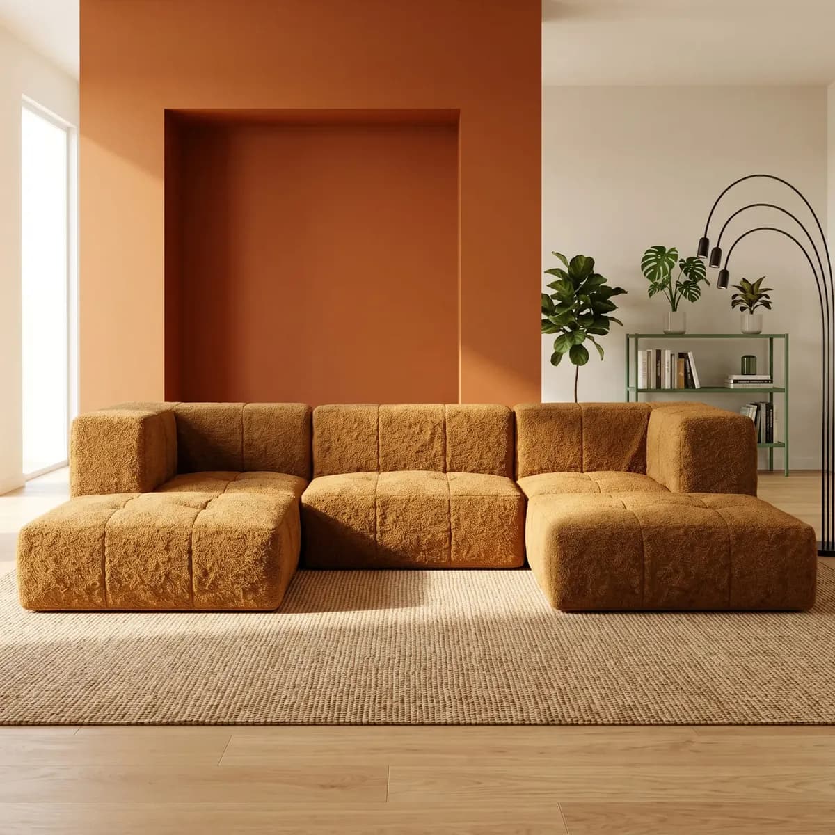 Sofá Modular Boucle Plus - 3 Lugares - 2 Cantos Com 2 Chaise Mostarda