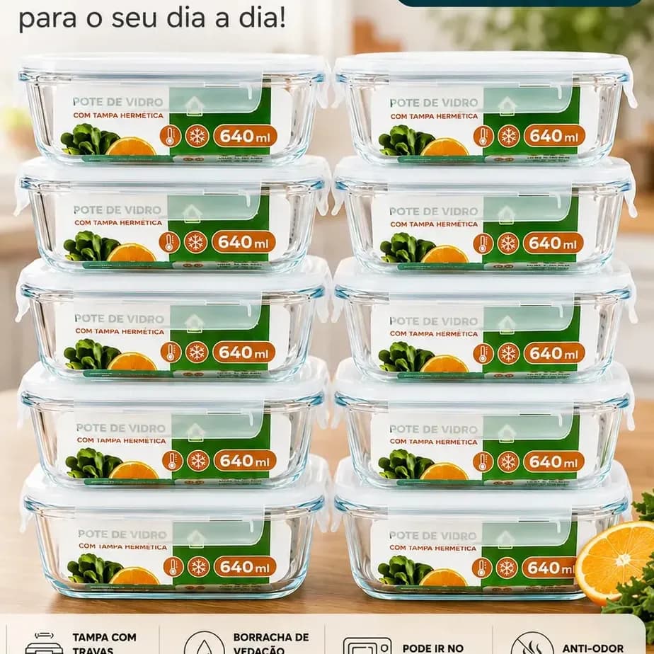 Kit 10 Potes Herméticos De Vidro 640ml Haushop Tampa Vedação Firme Para Geladeira E Despensa Organização Da Cozinha