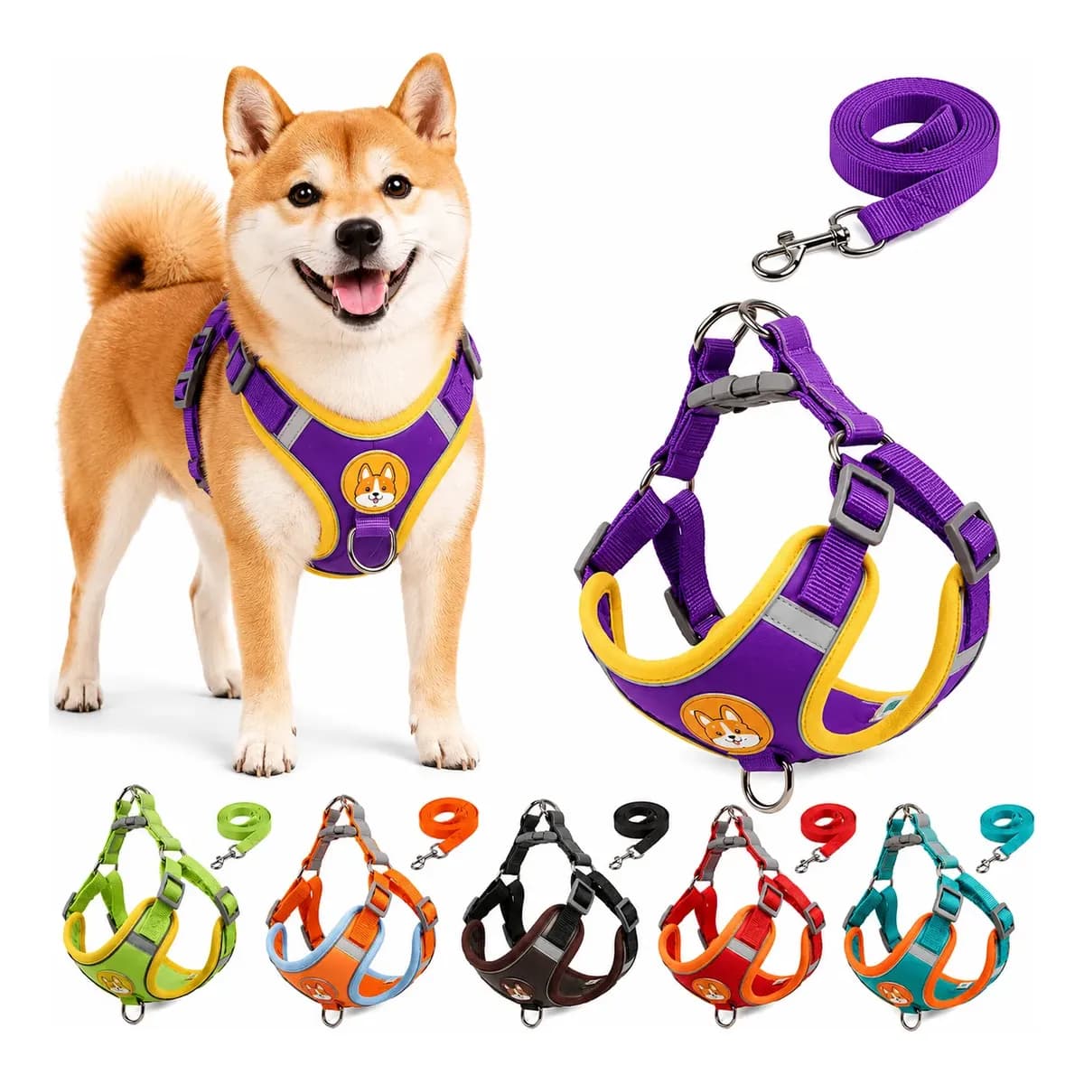 Coleira Peitoral Cachorro Gato Com Guia Ajustável Refletiva Roxo Refletivo M 3-6 Kg
