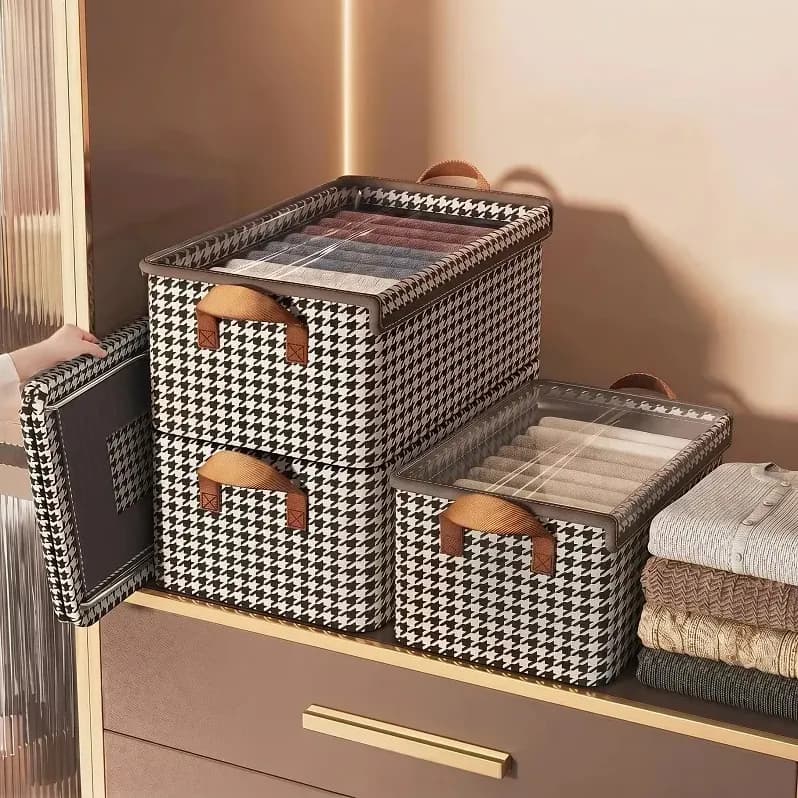 Kit 4 Caixas Organizadoras Dobráveis De Guarda Roupa Caixa Organizadora Padrão Xadrez Ideal para Roupas, Closet, Armário e Quarto