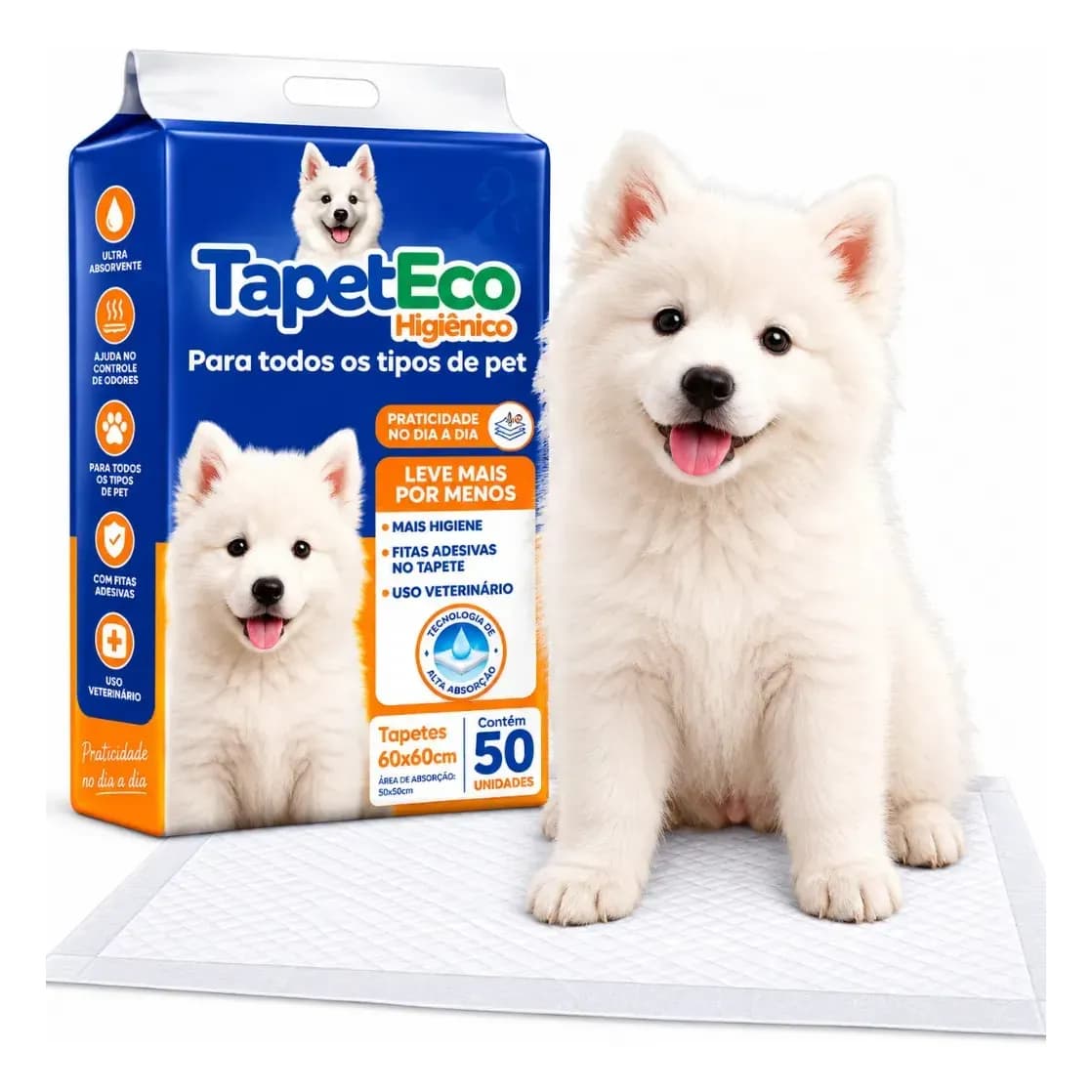 Tapete Higiênico Para Cães Cachorro Pet Descartável Tapete Higiênico Para Cães 60x60 cm 50 Unidades Anti Odor Fitas Adesivas