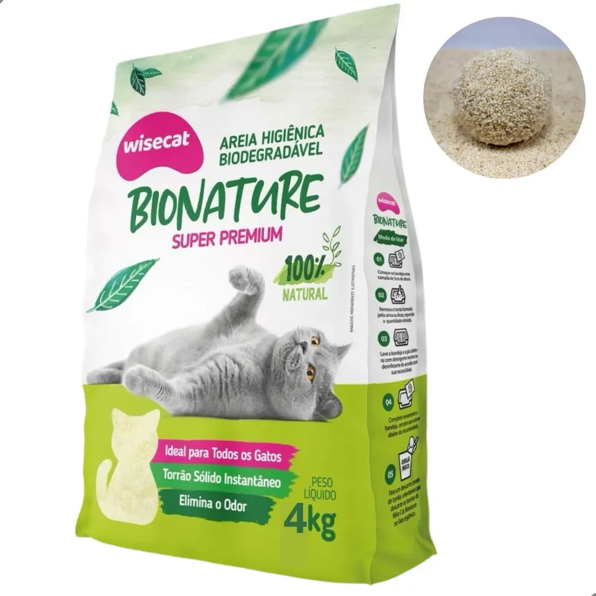 Areia Higiênica Mandioca Premium Biodegradável Wisecat 4kg