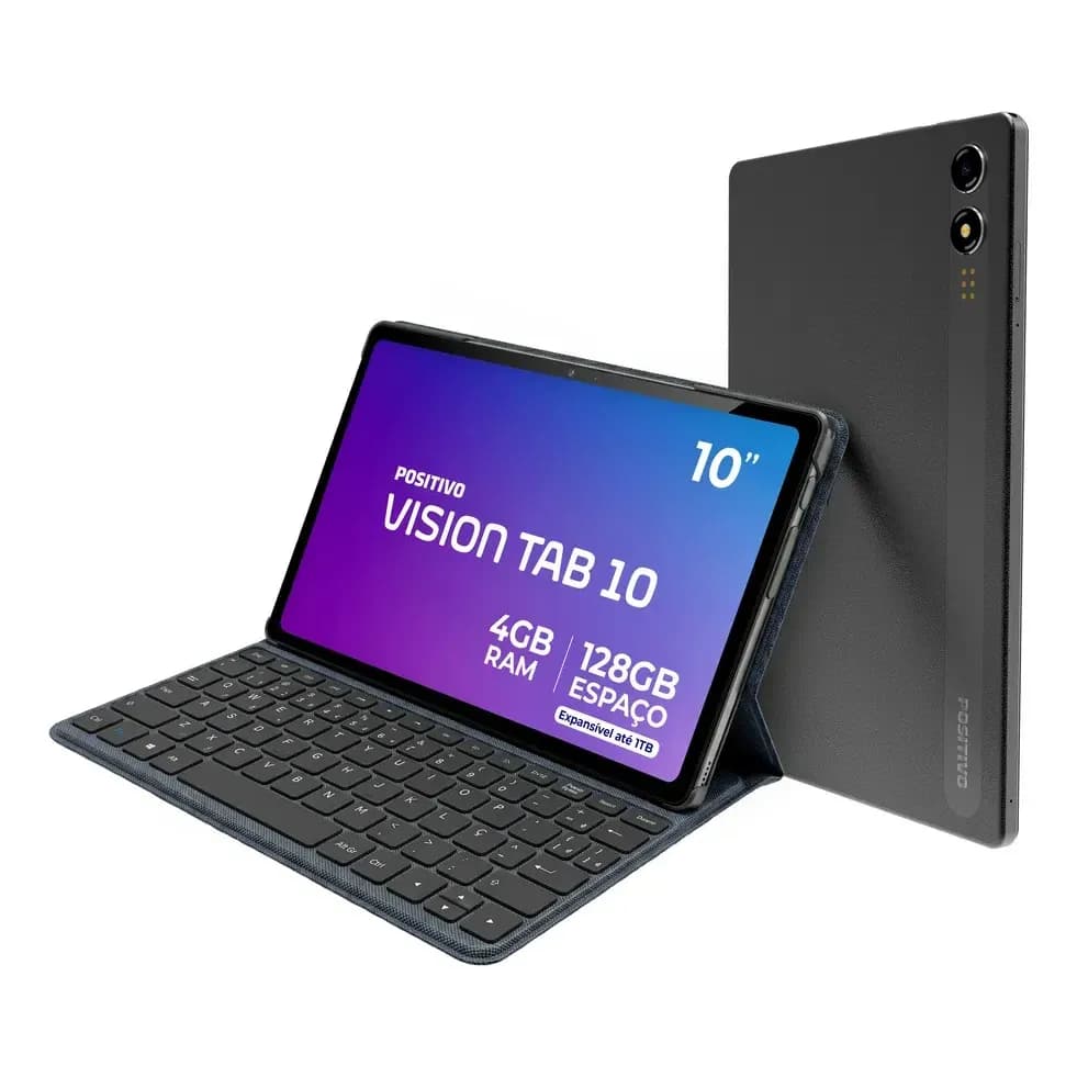 Positivo Vision Tab 10 com Capa Teclado 4GB RAM 128GB Armazenamento, Octa-Core, 5+ 13MP, Bateria 6000mAh, Tela 10.1“ HD, Wifi AC e 4G, Full Lamination - Preto