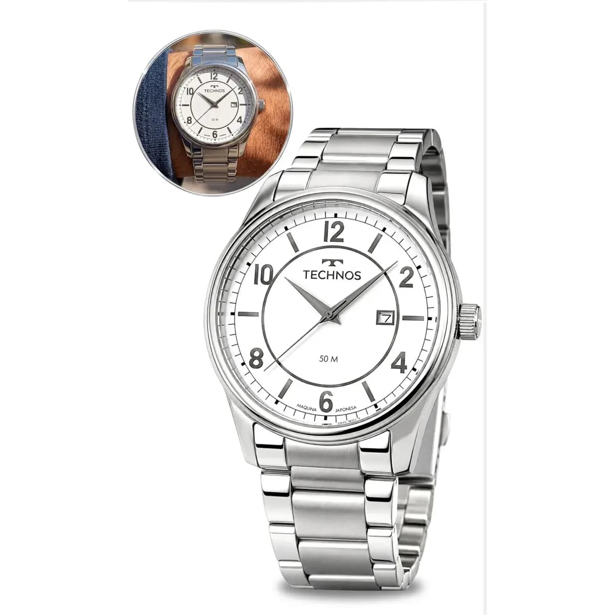 Relógio Technos Masculino De Pulso Analógico Em Aço Calendário Fundo Branco Original