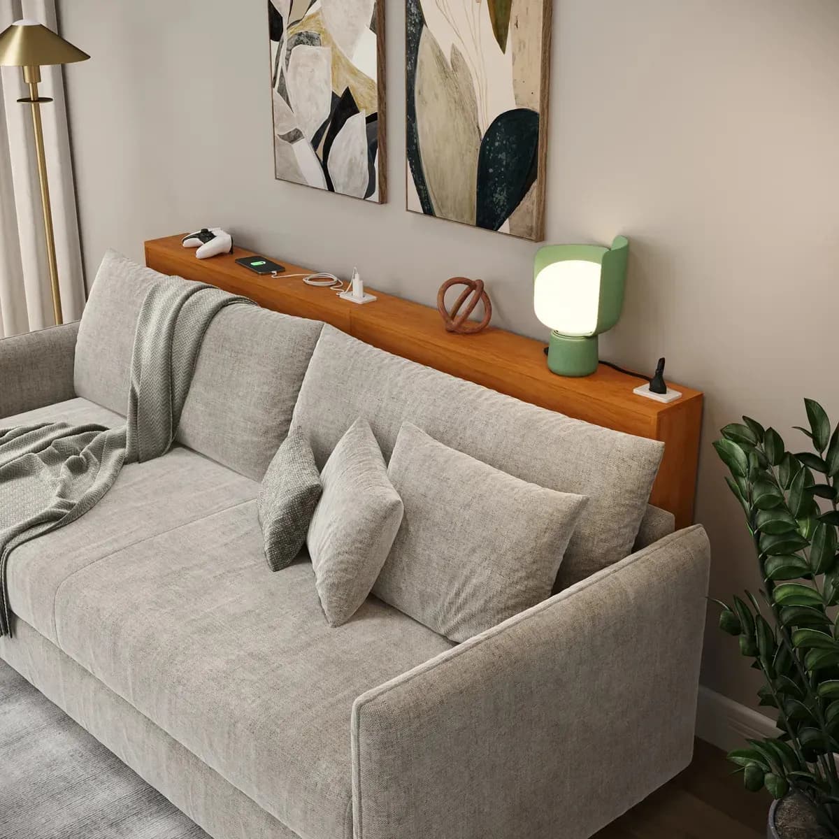 Aparador Console de Sofá Mesa de Apoio Nature Slim com Tomada Embutida 10A, Cabo 1,8m, 90cm de Largura, 75cm de Altura e 11cm de Profundidade, Mesa Lateral para Sala Moderna