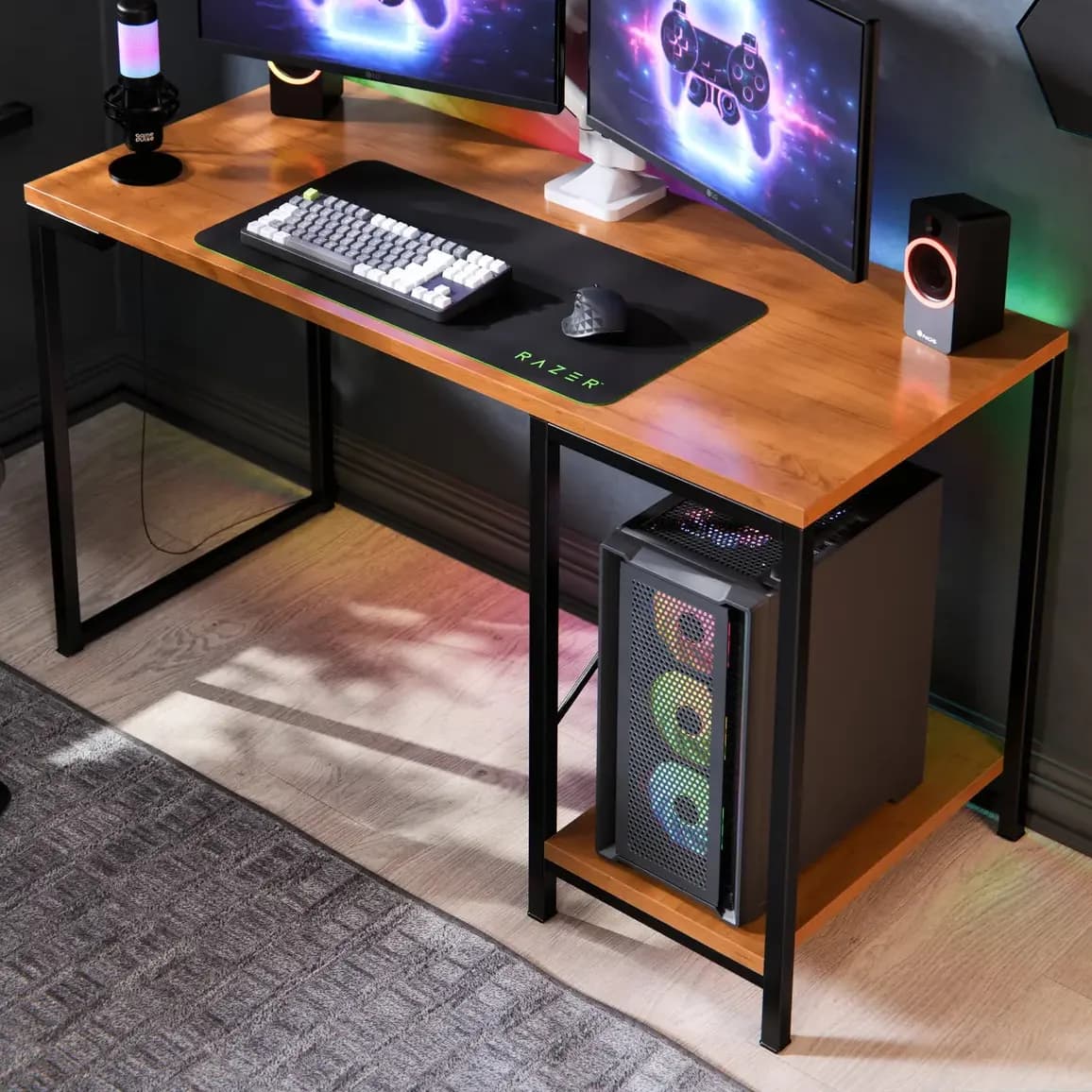 Escrivaninha Gamer Tokyo Mdf Mesa Para Computador Home Office E Estudos Com Suporte Para Cpu E Prateleira Lateral Estrutura Em Aço Estilo Industrial Design Moderno Amplo Cor Canela Preto Preto/canela