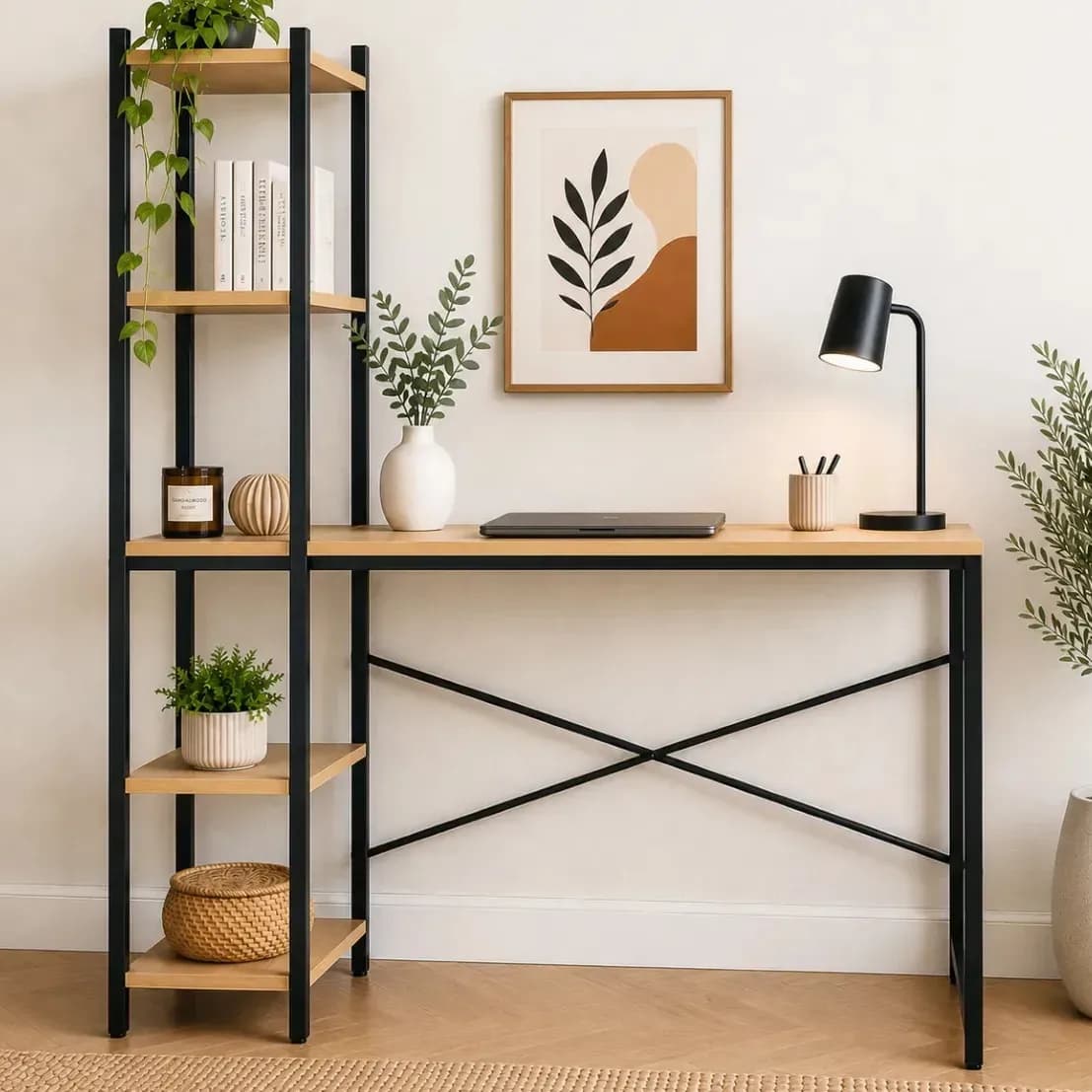 Mesa Escrivaninha Aço Industrial com Estante Lateral 5 Prateleiras MDF Home Office Escritório Decorativo Multiuso