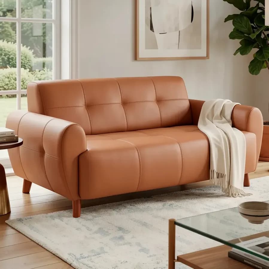 Sofá 3 Lugares 160cm Luxo Couro Ecológico Costura Reforçada Conhaque