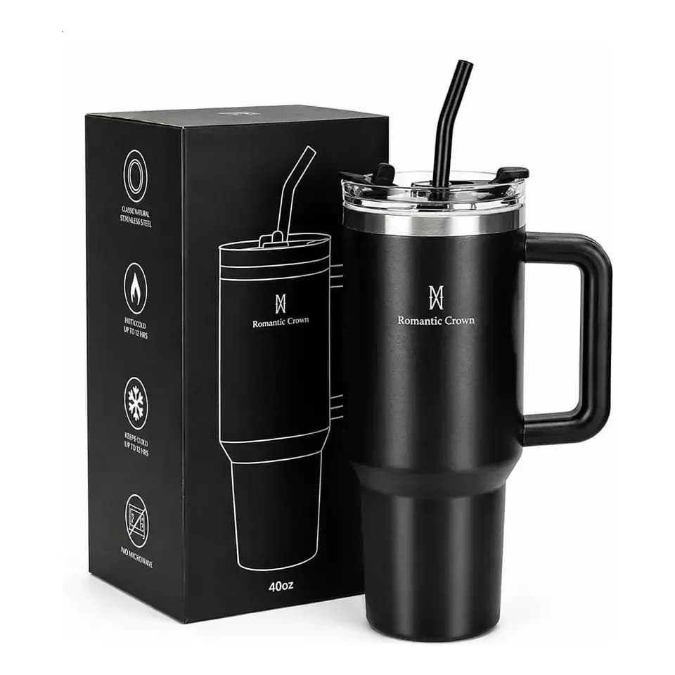 Copo Térmico Gigante 1,2l Inox Com Tampa E Inox Canudo Cor Preto Cor Pura / Material Fosco