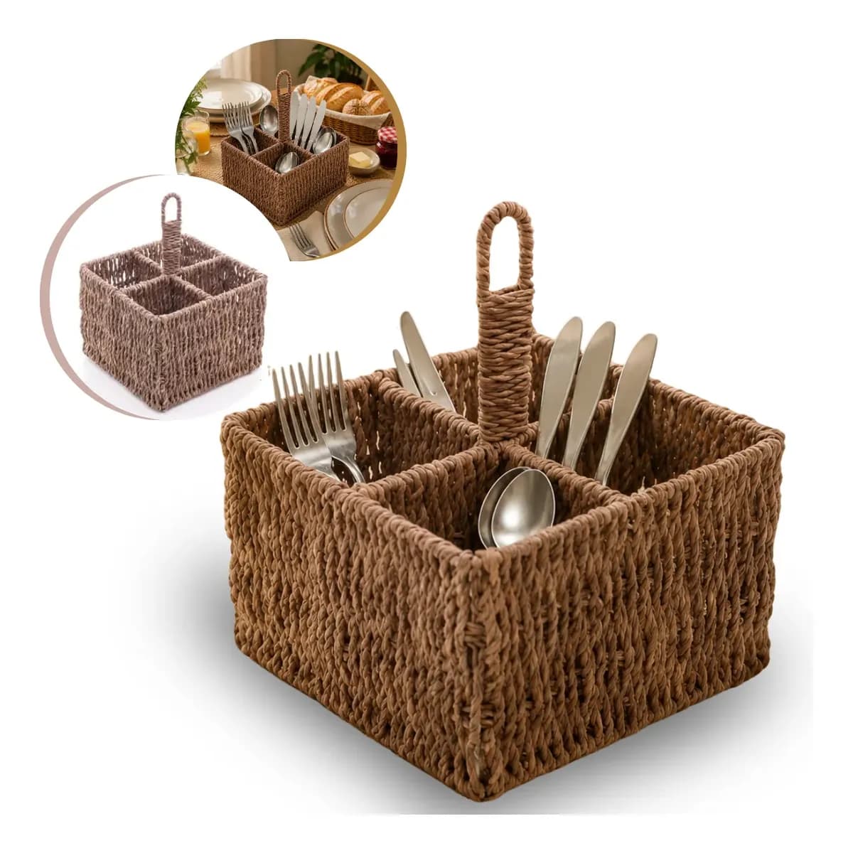 Porta Talher Mesa Posta Organizador 4 Divisórias Sisal 15x20 Porta Talheres Organizador Sisal