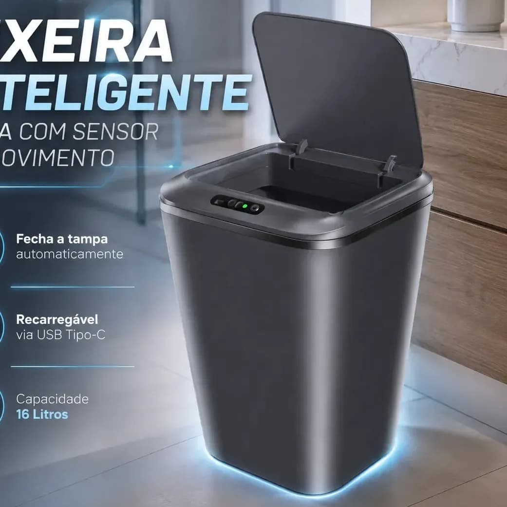 Lixeira Inteligente Automática Cinza Universal Com Sensor Recarregável Earman Company Anti Odor 16l Recarregável Usb