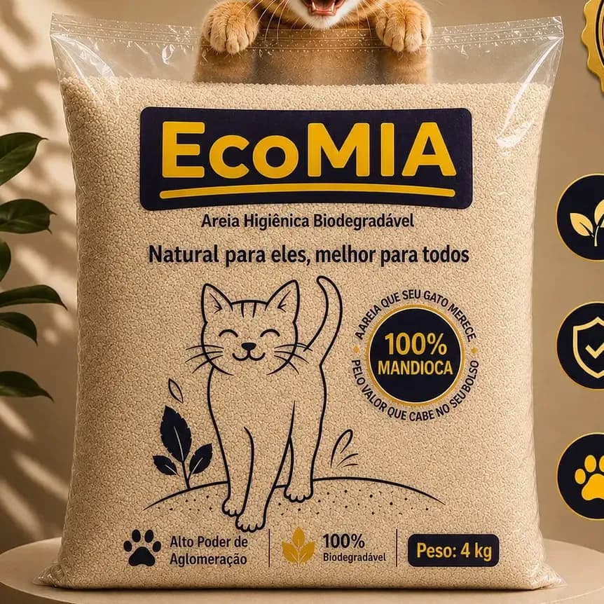 Areia Higienica Sanitaria Para gatos 4kg Biodegradavel EcoMia 100% Natural Sustentavel Sem Levantar Poeira Zero Odor Graos Finos Torroes Firmes Feita de Mandioca