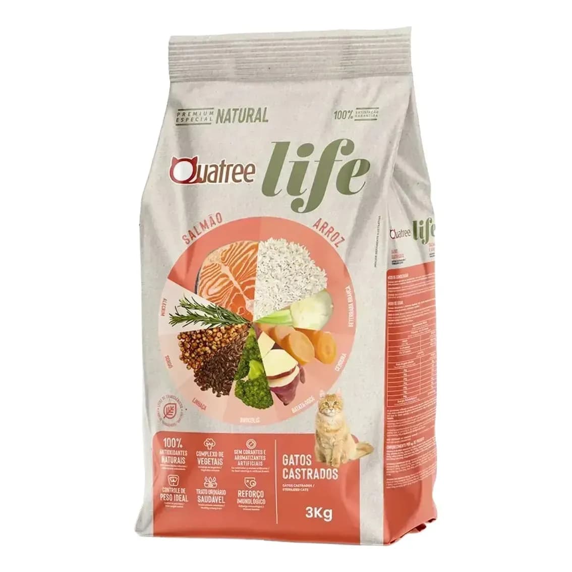 Ração Gato Adultos Castrados Quatree Life Salmão Arroz 3kg