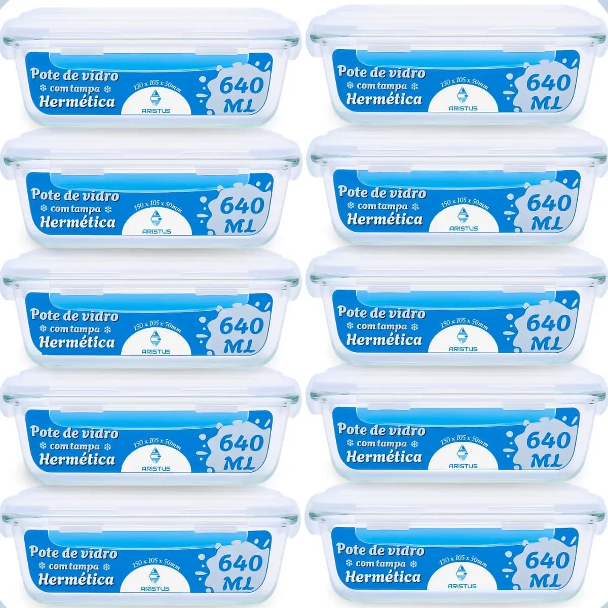 Kit 10 Potes Vidro 640ml Hermético Tampas 4 Travas Cozinha Branco