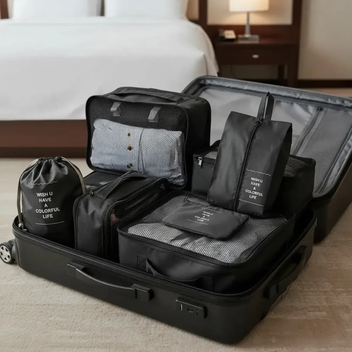 Organizador De Mala Para Viagem Kit 7 Peças Completo Preto