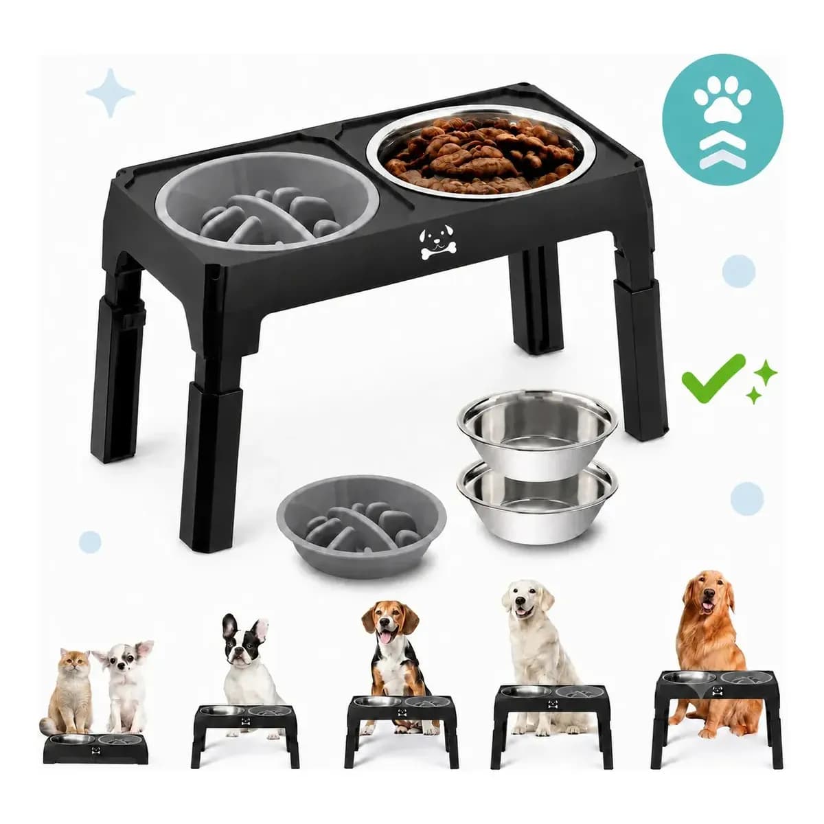 Comedouro e Bebedouro Elevado para Cães e gatos pets Inox Duplo lento tijela Regulável antiderrapante para buldogue com ajuste de altura suporte ergonomico 8cm 35cm