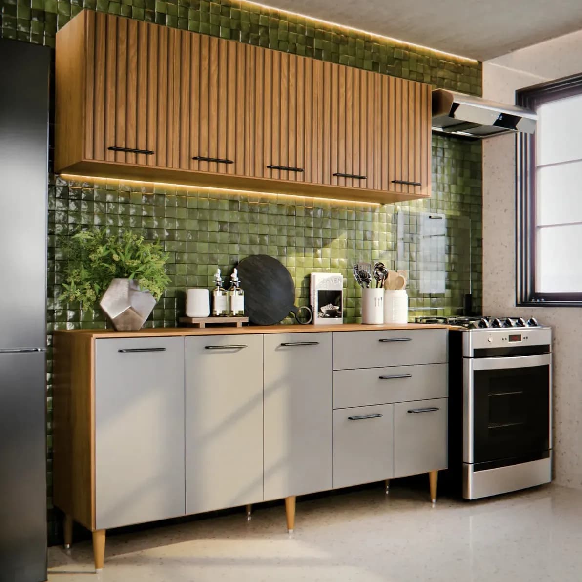 Armário De Cozinha Completo 140cm Aéreo E Balcão, 10 Portas E Gavetas, Funcional Para Cozinhas Ou Planejada Compacta Suspenso De Parede Ripado 3D Cinza Grafite Bela