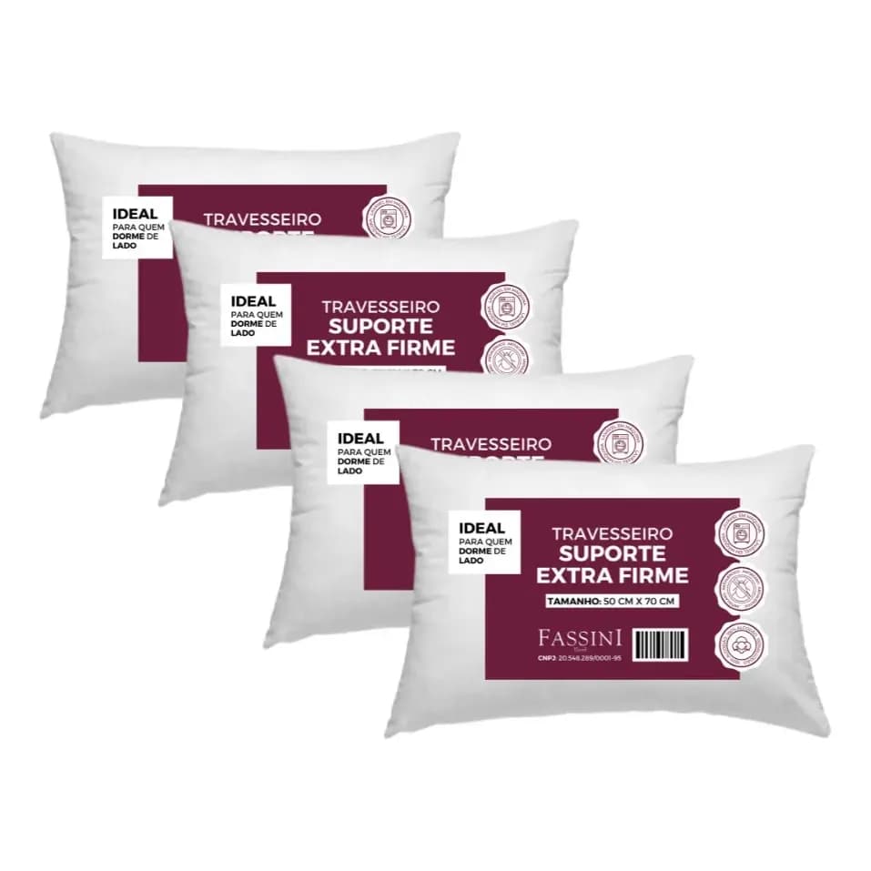 4 Travesseiros 100% Algodão  Fibra Siliconada Extra Firme  Branco Padrão