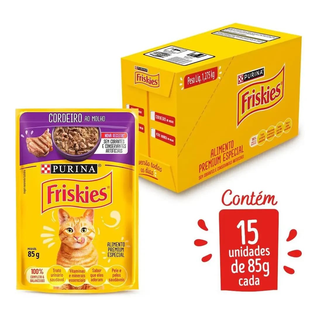Ração Úmida PURINA FRISKIES para Gatos Adultos Cordeiro ao molho 85g - com 15 unidades