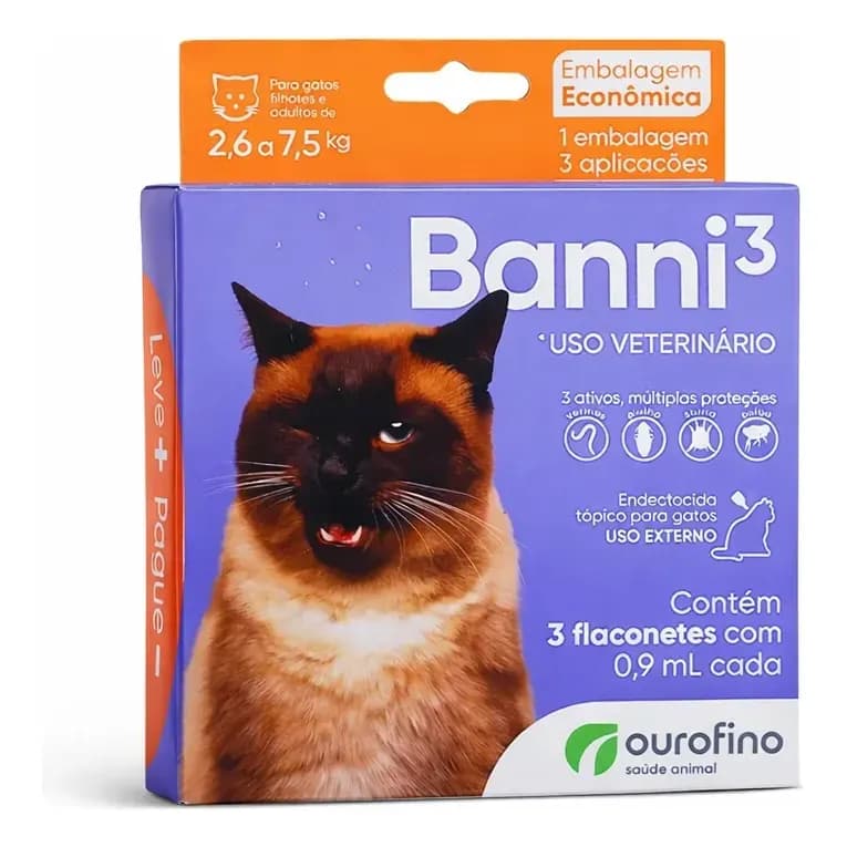 Banni3 Ourofino Antipulgas e Vermífugo para Gatos 2,6 a 7,5kg 0,9ml 3 Pipetas