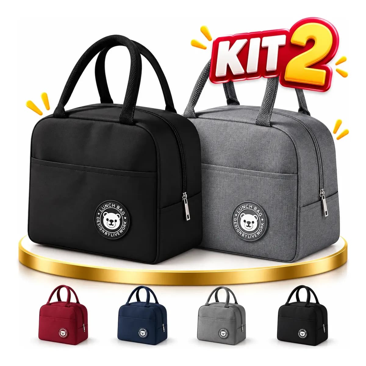 Kit 2 Bolsa Marmita Térmica Lancheira  Academia Trabalho Dia Preto E Cinza