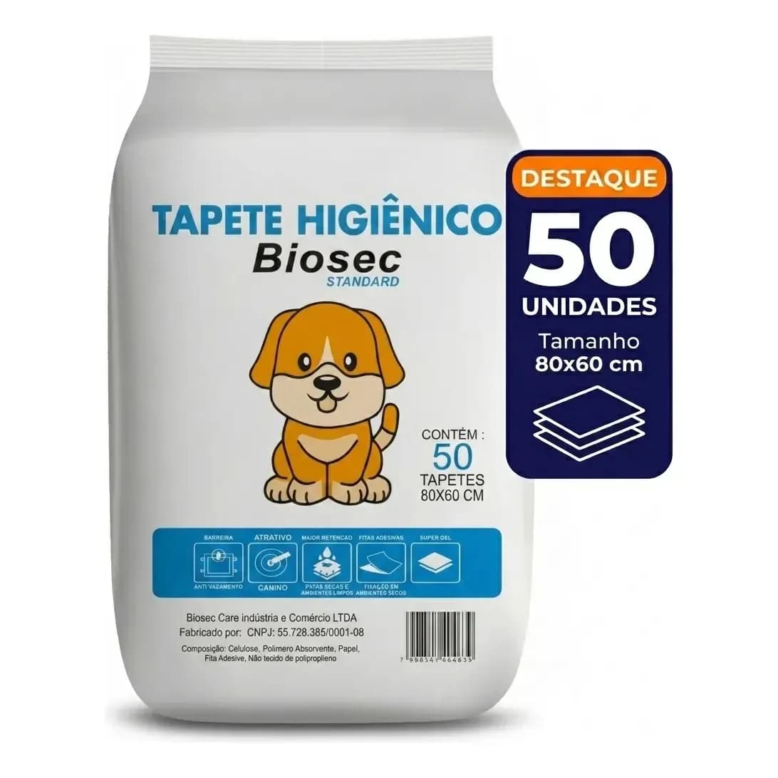 Tapete Higiênico 50 Unidades 80x60 biosec descartável para cachorro pet cão absorvente manta fralda com fita adesiva antiodor