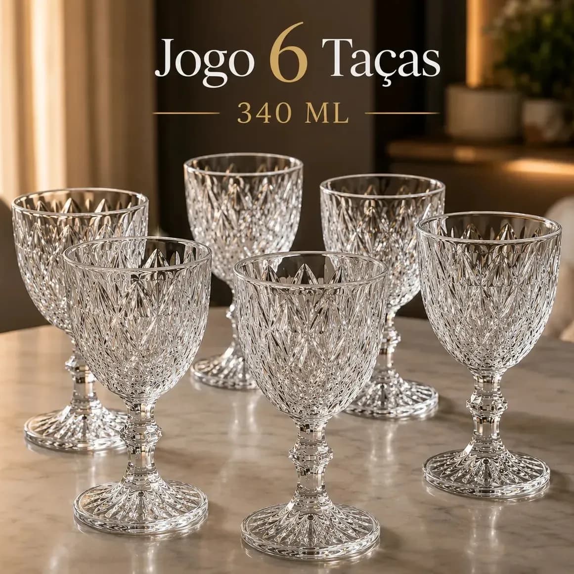 Kit de 6 Taças Diamond Luxena para Vinho e Drinks 340 mL Luxo Elegante Água Suco Champanhe Restaurante Bar Adega Taça Lapidada Com Pé Cálice Transparente Textura Diamante Relevo Conjunto Espumante