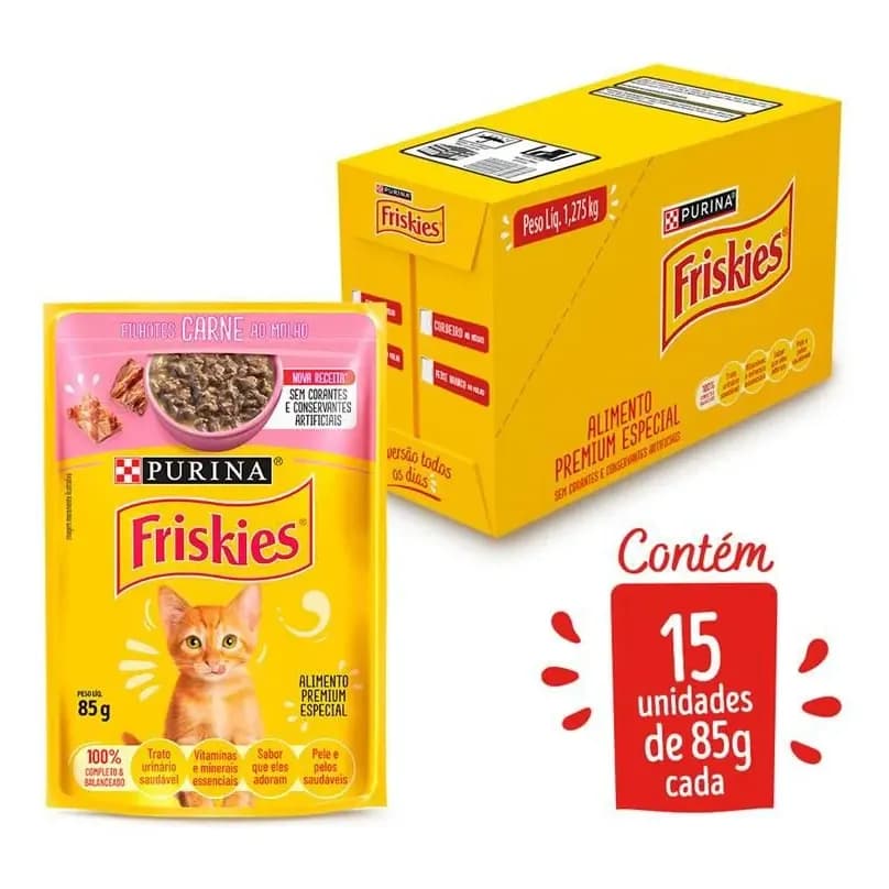 Ração Úmida Gatos Filhotes Friskies Carne 85g Kit 15 Uni