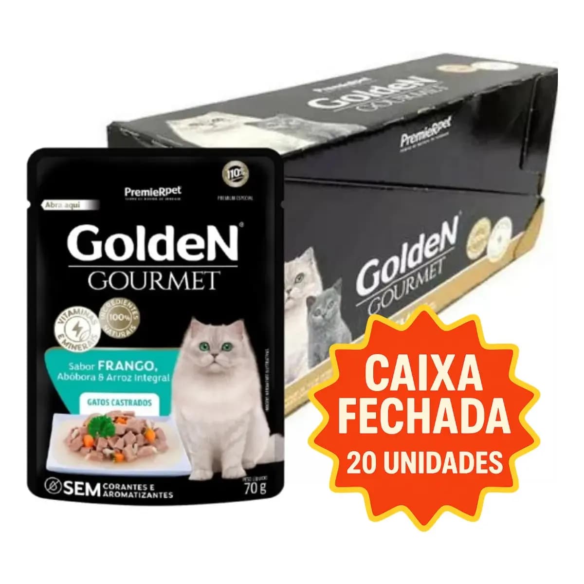 Kit 20 Ração Úmida Golden Gourmet Gatos Castrados Frango 70g