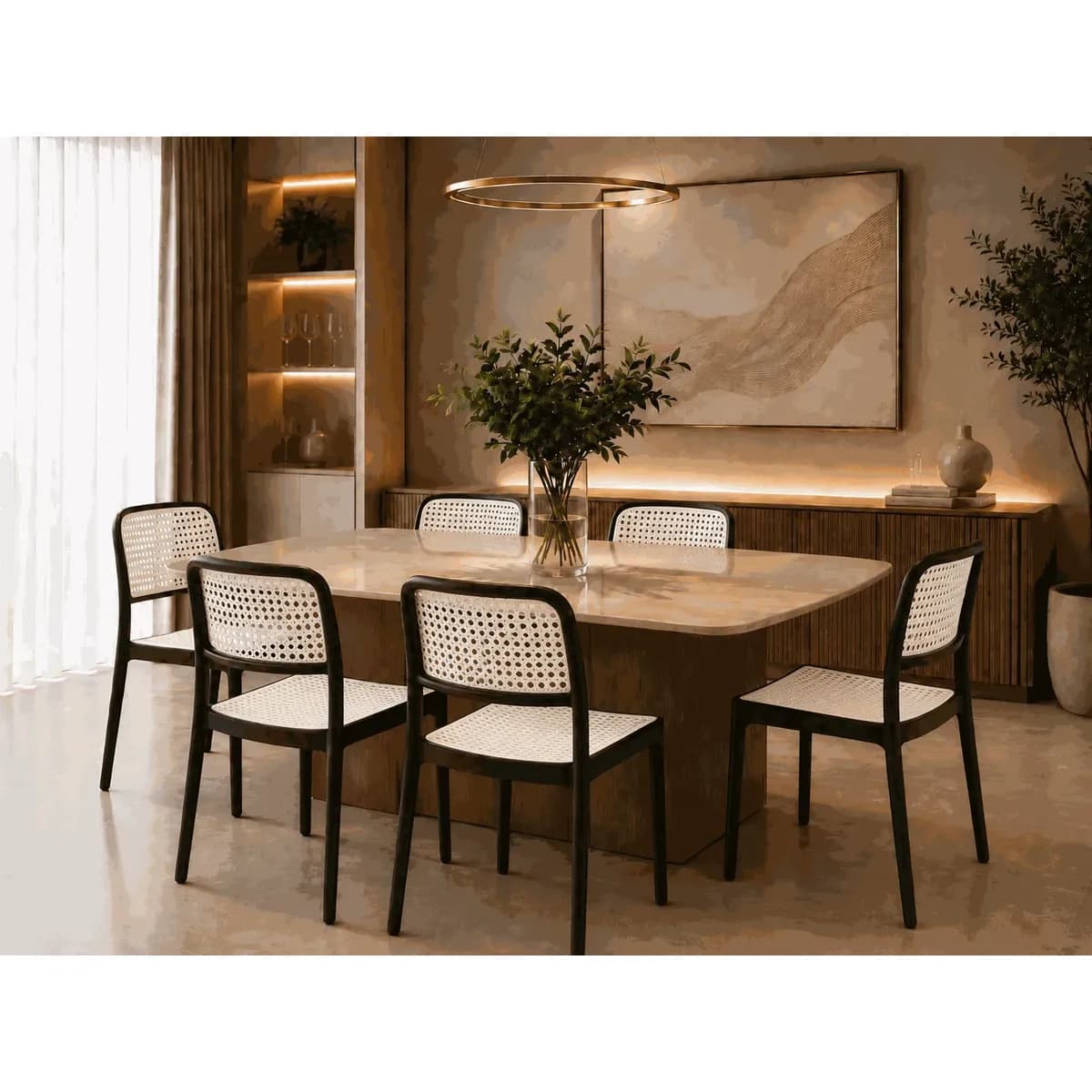 6 Cadeiras Sala Cozinha Tela Rattan Estrutura Cadeira Branco